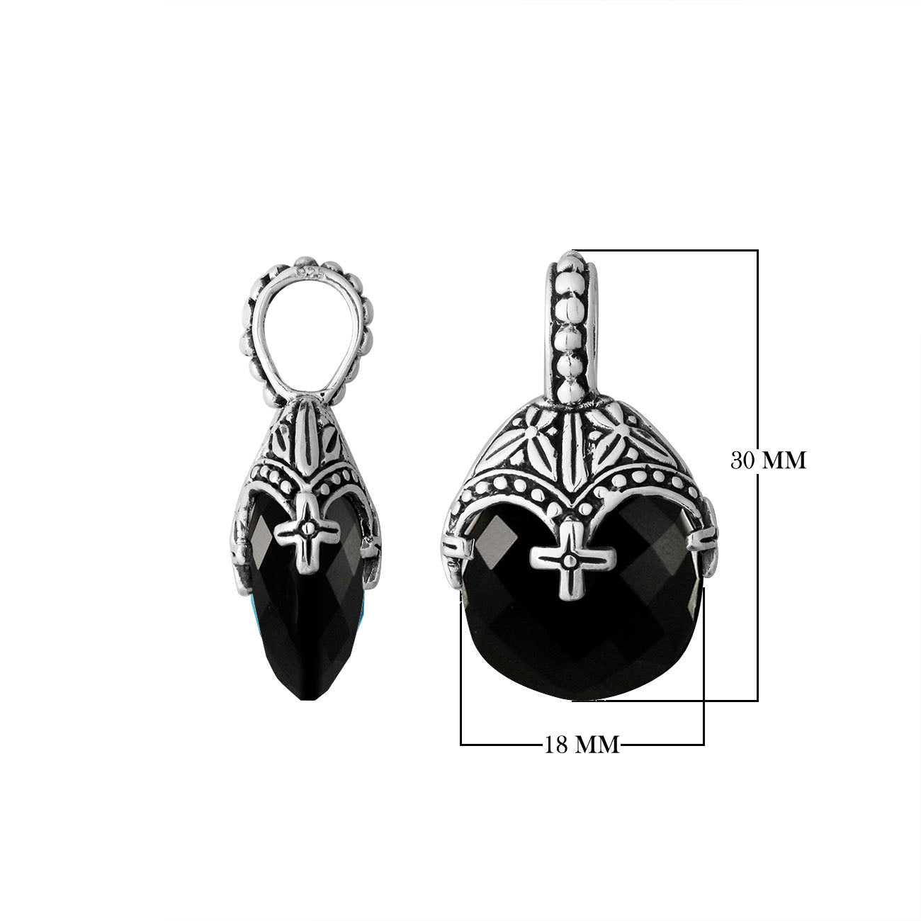 Sterling silver black onyx heart pendant with ornate Balinese handcrafted pattern