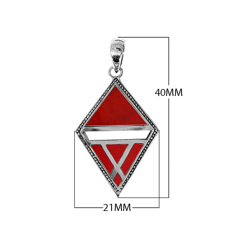 Sterling silver geometric diamond pendant with Red Coral handcrafted in modern Balinese design