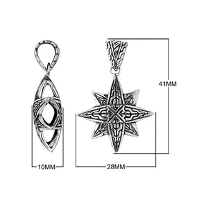 A handcrafted sterling silver compass star pendant featuring detailed Balinese tribal engraving and polished silver craftsmanship.