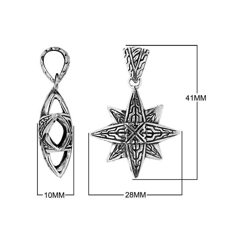 A handcrafted sterling silver compass star pendant featuring detailed Balinese tribal engraving and polished silver craftsmanship.