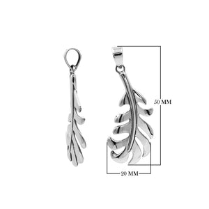 A handcrafted sterling silver feather pendant featuring a flowing leaf design with a mirror-polished finish and smooth texture.