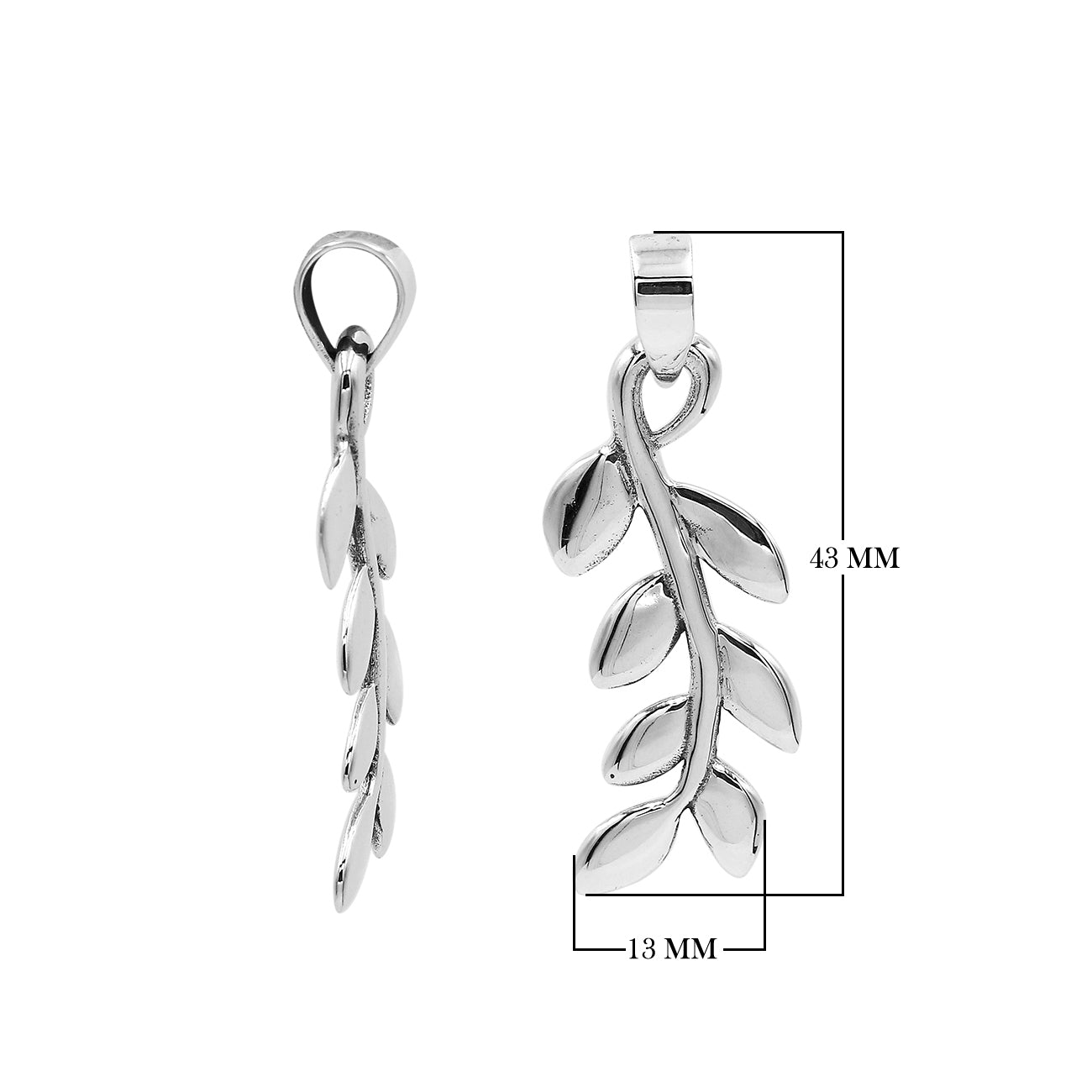 A handcrafted sterling silver leaf vine pendant featuring smooth organic detailing and a mirror-polished Balinese finish.