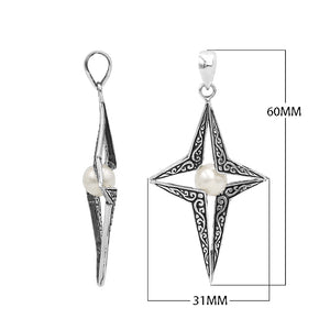 Sterling silver pendant featuring a four-point star design with White Pearl center and detailed filigree craftsmanship.