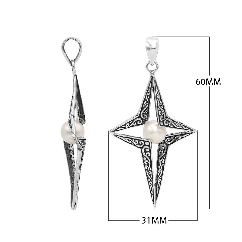 Sterling silver pendant featuring a four-point star design with White Pearl center and detailed filigree craftsmanship.