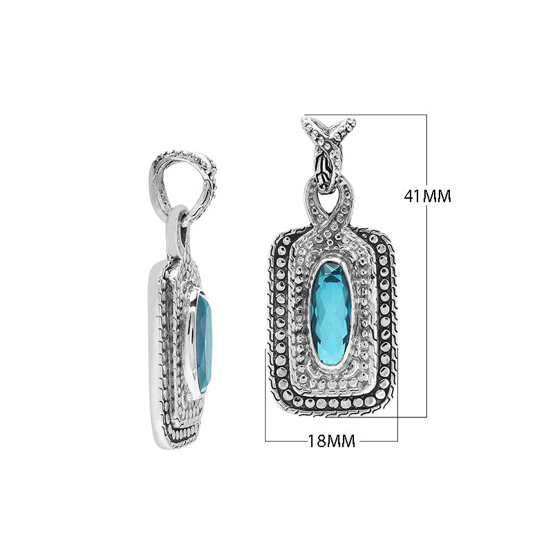 Sterling silver oval pendant featuring Blue Topaz Quartz with traditional beaded frame and oxidized silver detailing.