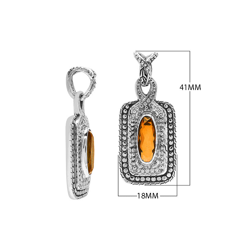 Sterling silver oval pendant featuring Citrine Quartz with traditional beaded frame and oxidized silver detailing.