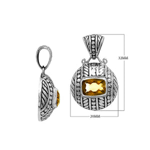 Round sterling silver pendant featuring radiant citrine quartz cushion centerpiece, fine leaf detailing, and smooth high-gloss polish in elegant Balinese craftsmanship.