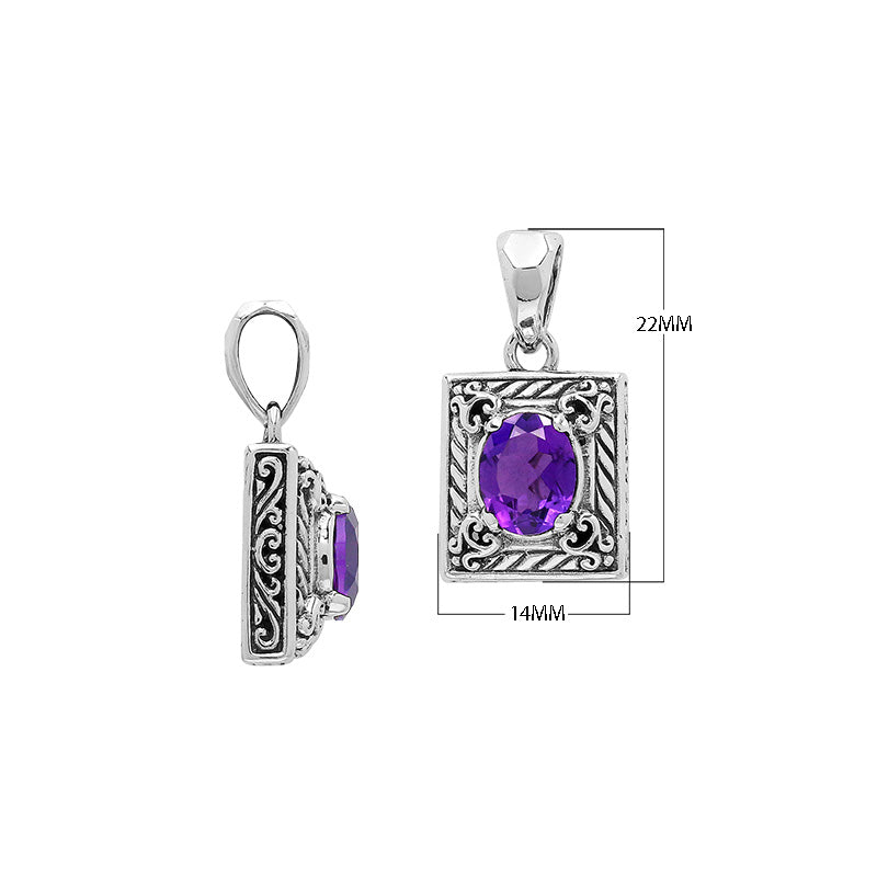 Rectangular sterling silver pendant featuring an oval amethyst quartz, detailed swirl patterns, and a smooth polished finish with traditional Balinese craftsmanship.