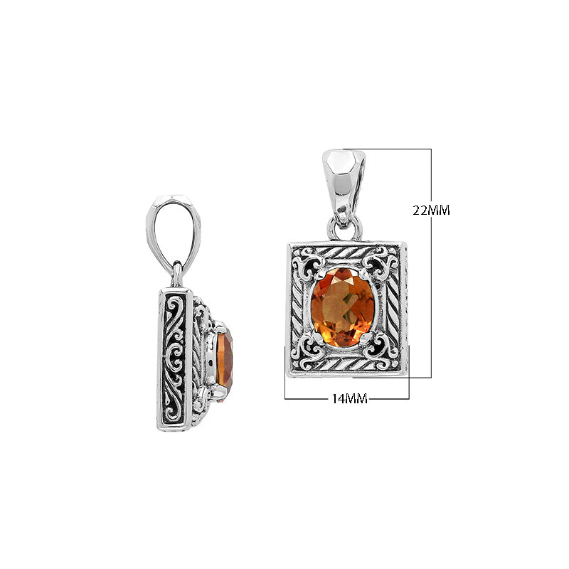Rectangular sterling silver pendant featuring oval citrine quartz, Balinese swirl engravings, and a smooth mirror-polished finish with elegant detailing.