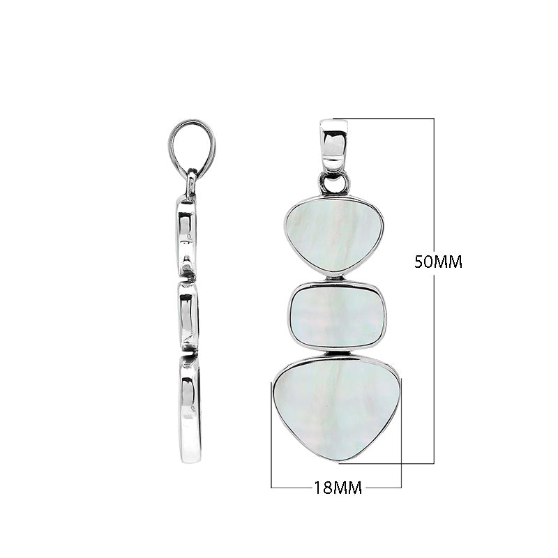Sterling silver triple-shape pendant featuring Mother Of Pearl stones with smooth polished surface and elegant Balinese craftsmanship.