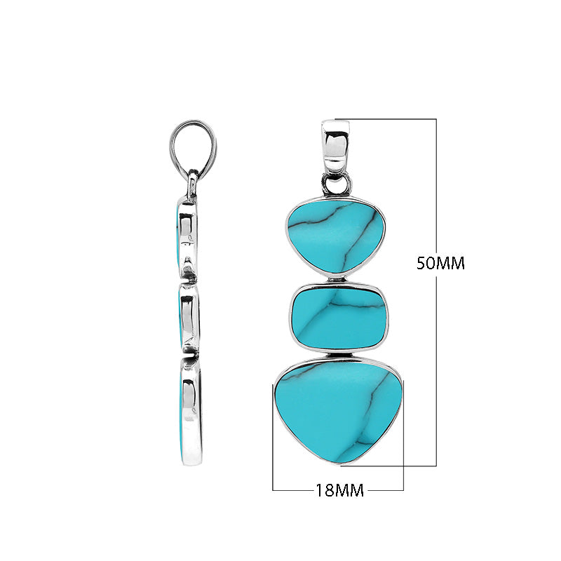 Sterling silver triple-shape pendant featuring turquoise shell stones with mirror-polished finish and detailed Balinese craftsmanship.