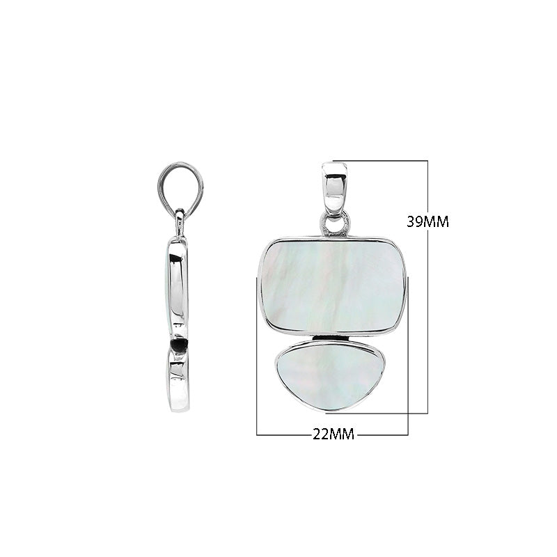 Sterling silver double-shape pendant featuring Mother Of Pearl stones with mirror-polished surface and elegant Balinese craftsmanship.