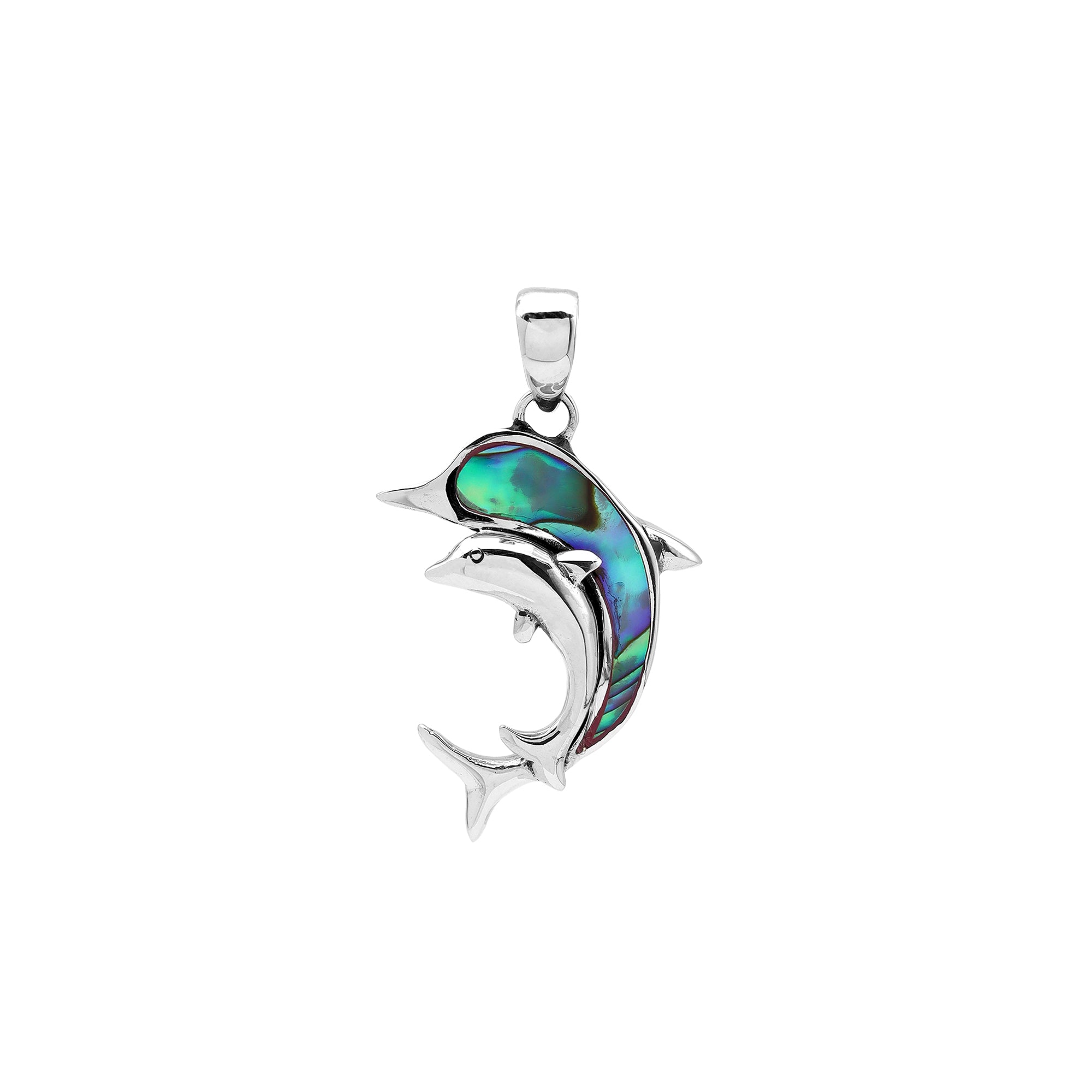 Sterling silver dolphin pendant with abalone shell inlay and traditional Balinese craftsmanship featuring polished mirror finish.