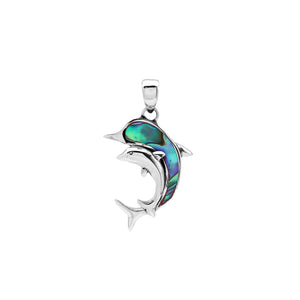 Sterling silver dolphin pendant with abalone shell inlay and traditional Balinese craftsmanship featuring polished mirror finish.