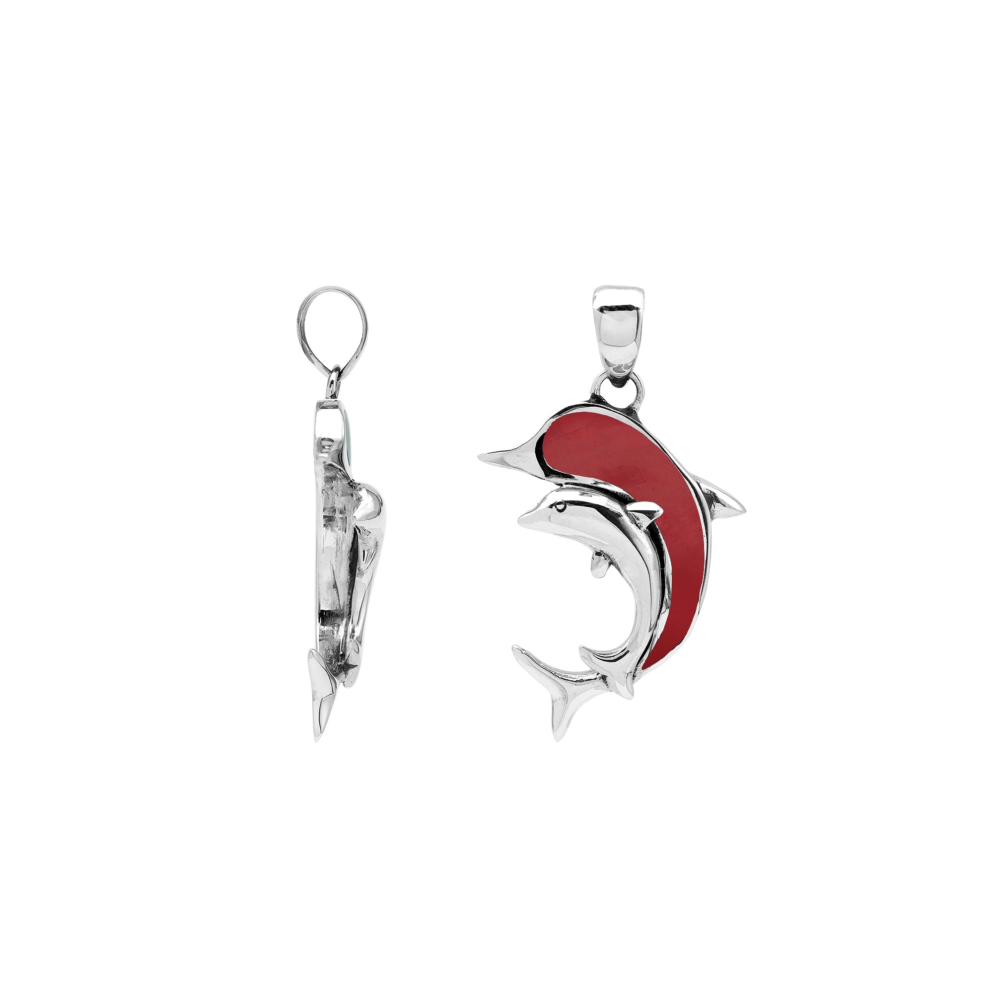 Sterling silver dolphin pendant with red coral inlay and traditional Balinese craftsmanship featuring a polished mirror finish.