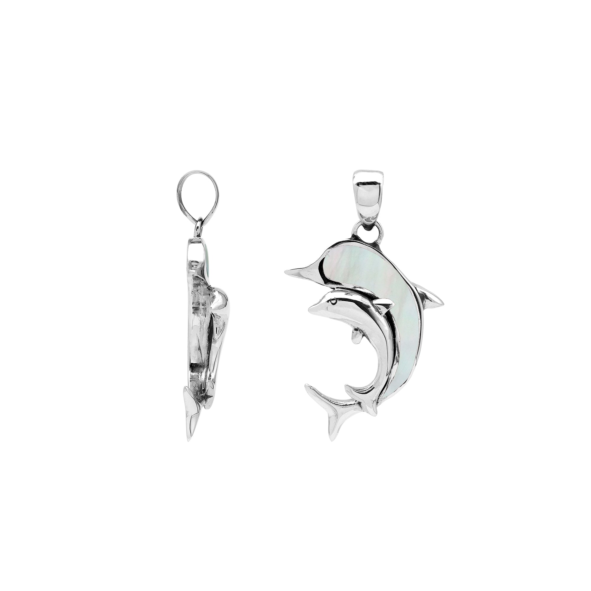 Sterling silver dolphin pendant with mother of pearl inlay and traditional Balinese craftsmanship featuring a polished mirror finish.