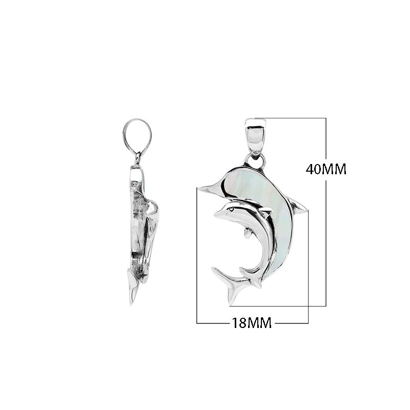 Sterling silver dolphin pendant with black shell inlay and traditional Balinese craftsmanship featuring a polished mirror finish.