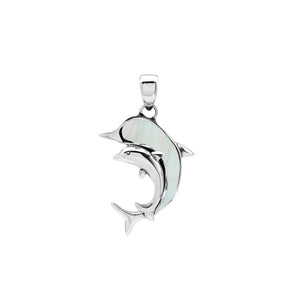 Sterling silver dolphin pendant with mother of pearl inlay and traditional Balinese craftsmanship featuring a polished mirror finish.