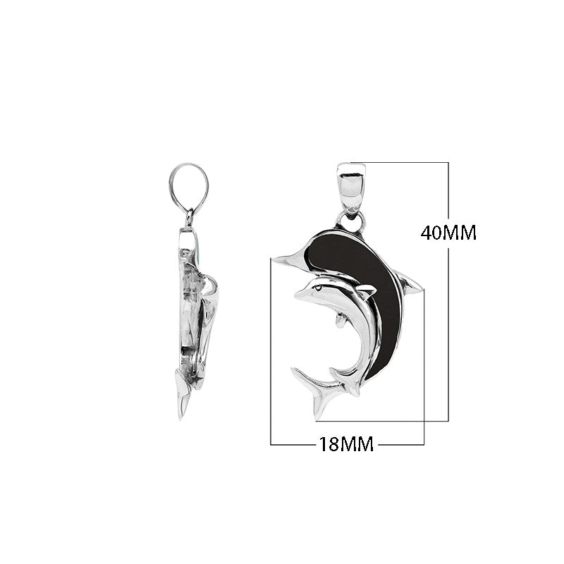 Sterling silver dolphin pendant with black shell inlay and traditional Balinese craftsmanship featuring a polished mirror finish.