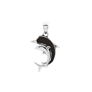 Sterling silver dolphin pendant with black shell inlay and traditional Balinese craftsmanship featuring a polished mirror finish.