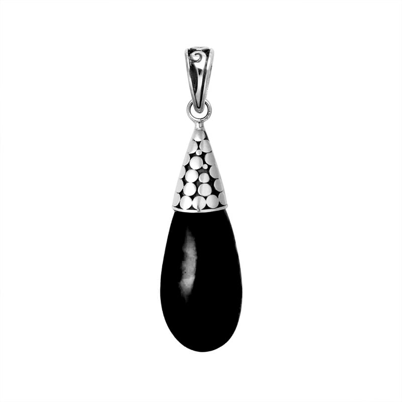 Black Shell Sterling Silver Teardrop Pendant With Dotted Silver Cap Handcrafted In Bali