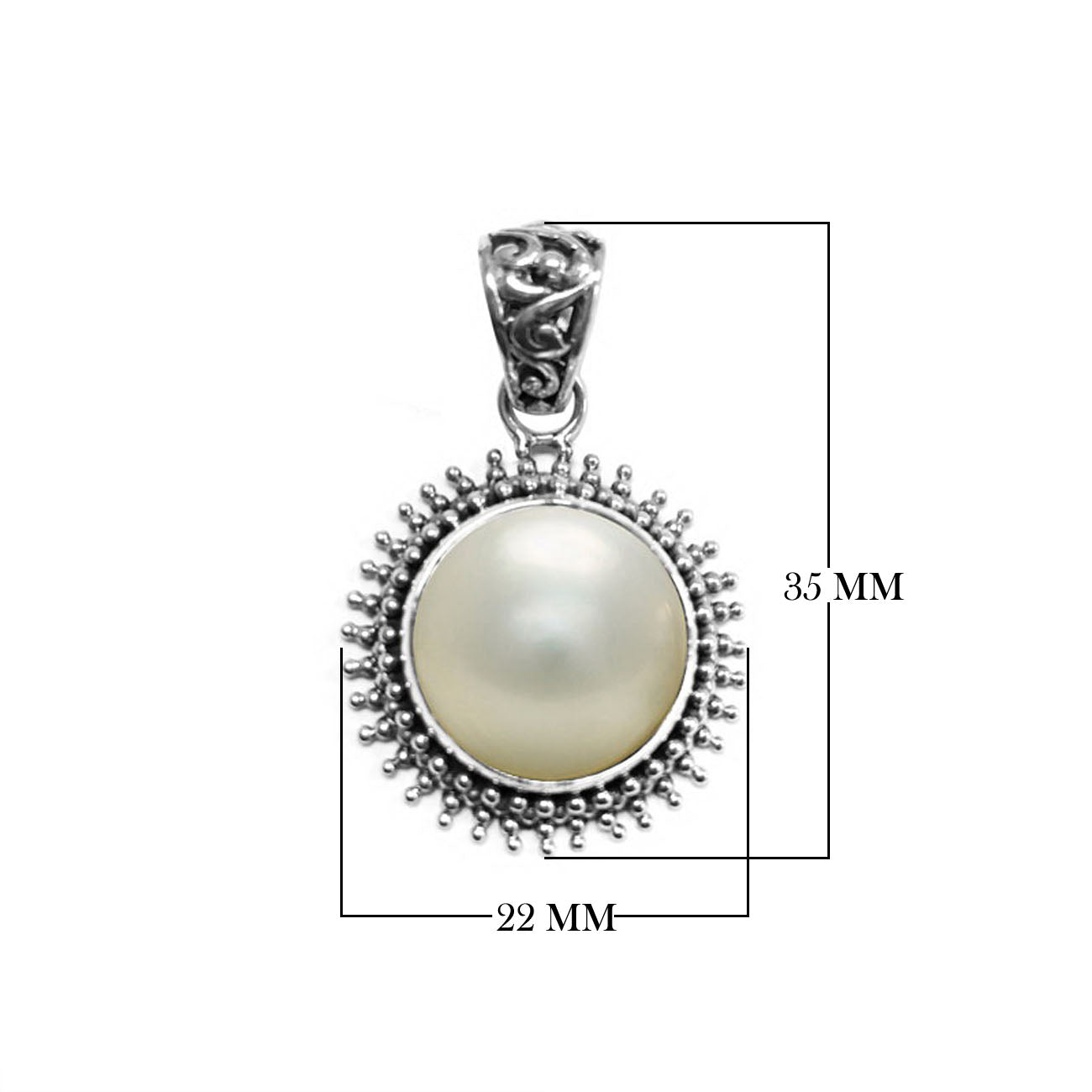 Sterling silver round pendant with Mabe Pearl and oxidized Balinese beaded handcrafted frame.