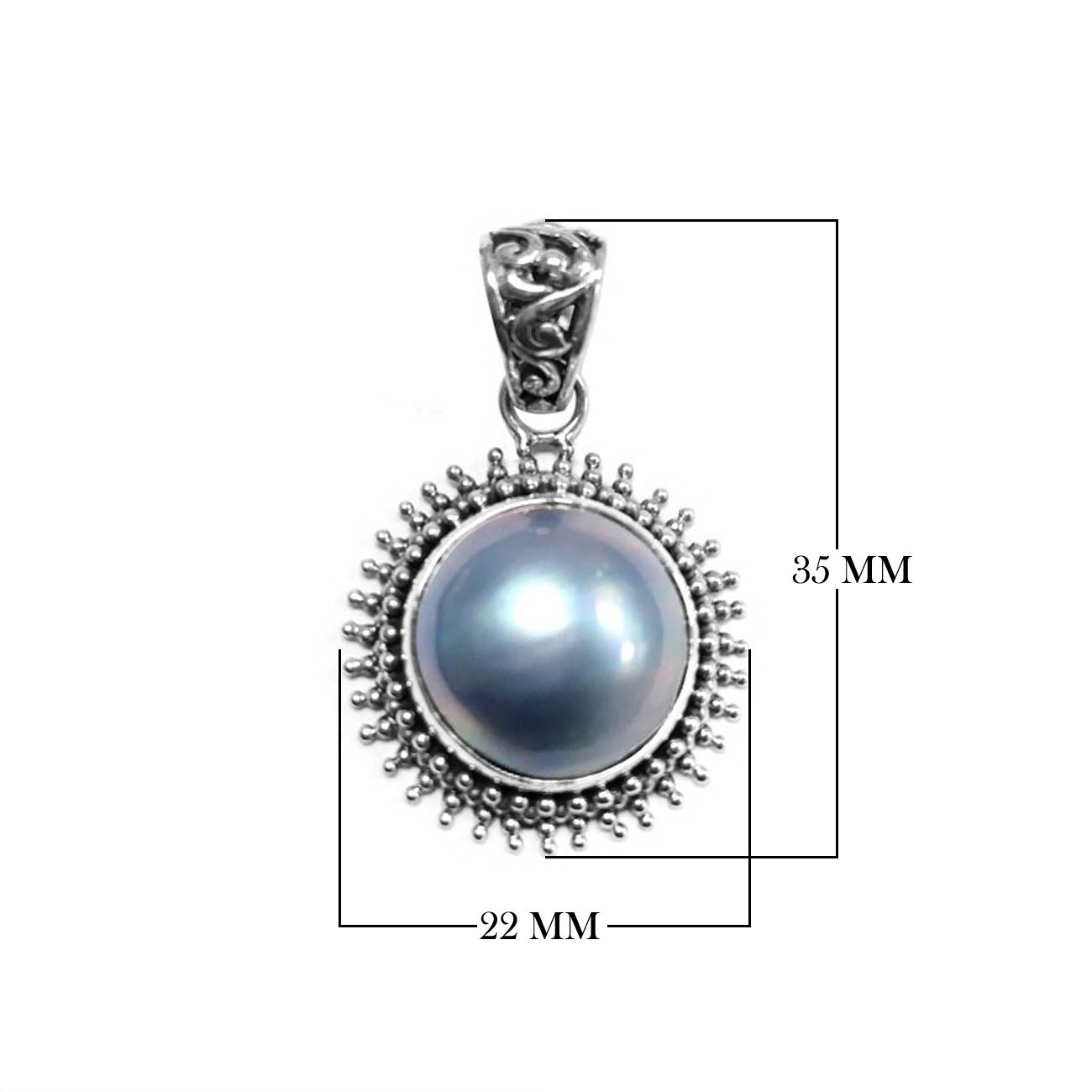 Sterling silver round pendant with gray Mabe Pearl and oxidized Balinese handcrafted beaded frame.