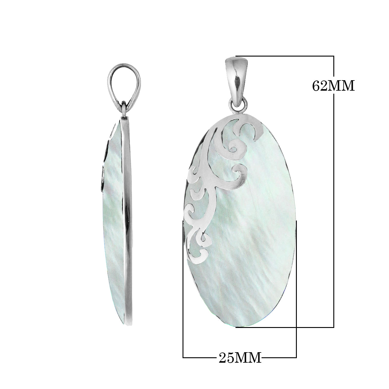 Artisan sterling silver pendant with luminous Mother of Pearl and flowing swirl accents.