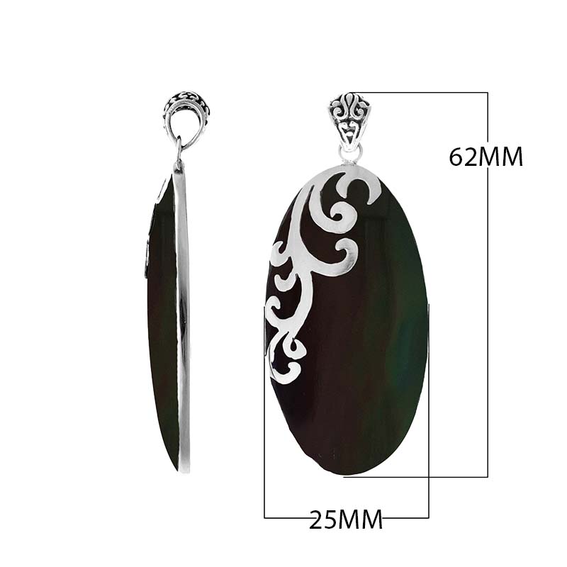 Sterling silver oval pendant with Black Shell and polished scroll detailing handcrafted in Bali.