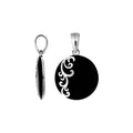 Sterling silver round Black Shell pendant featuring a smooth glossy black circular surface, decorative silver floral scrollwork along one side, and a polished tapered silver bail, displayed in front and side views.