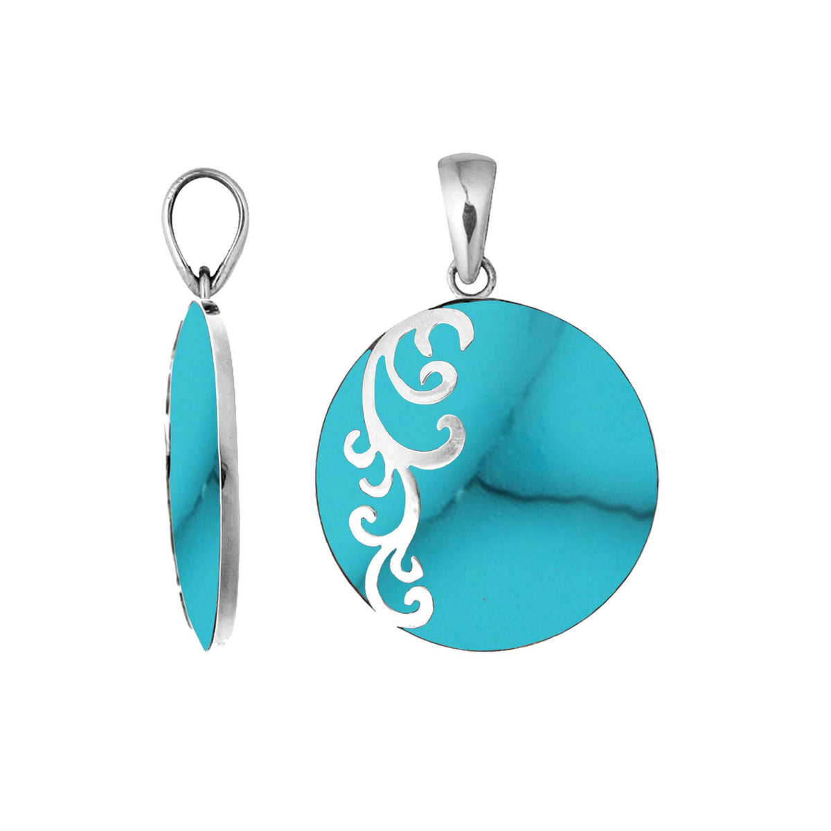 Sterling silver round Turquoise Shell pendant featuring vibrant turquoise blue color, subtle dark veining, decorative floral scrollwork along one side, and a polished silver bail.