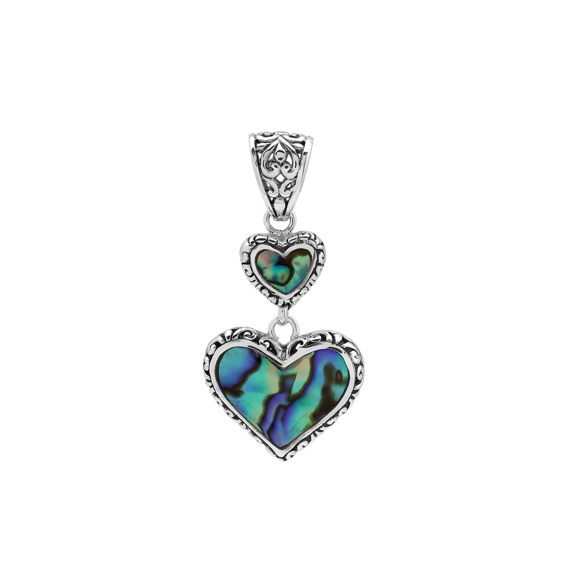 Sterling silver double heart pendant with Abalone Shell and Balinese detailing in polished finish.