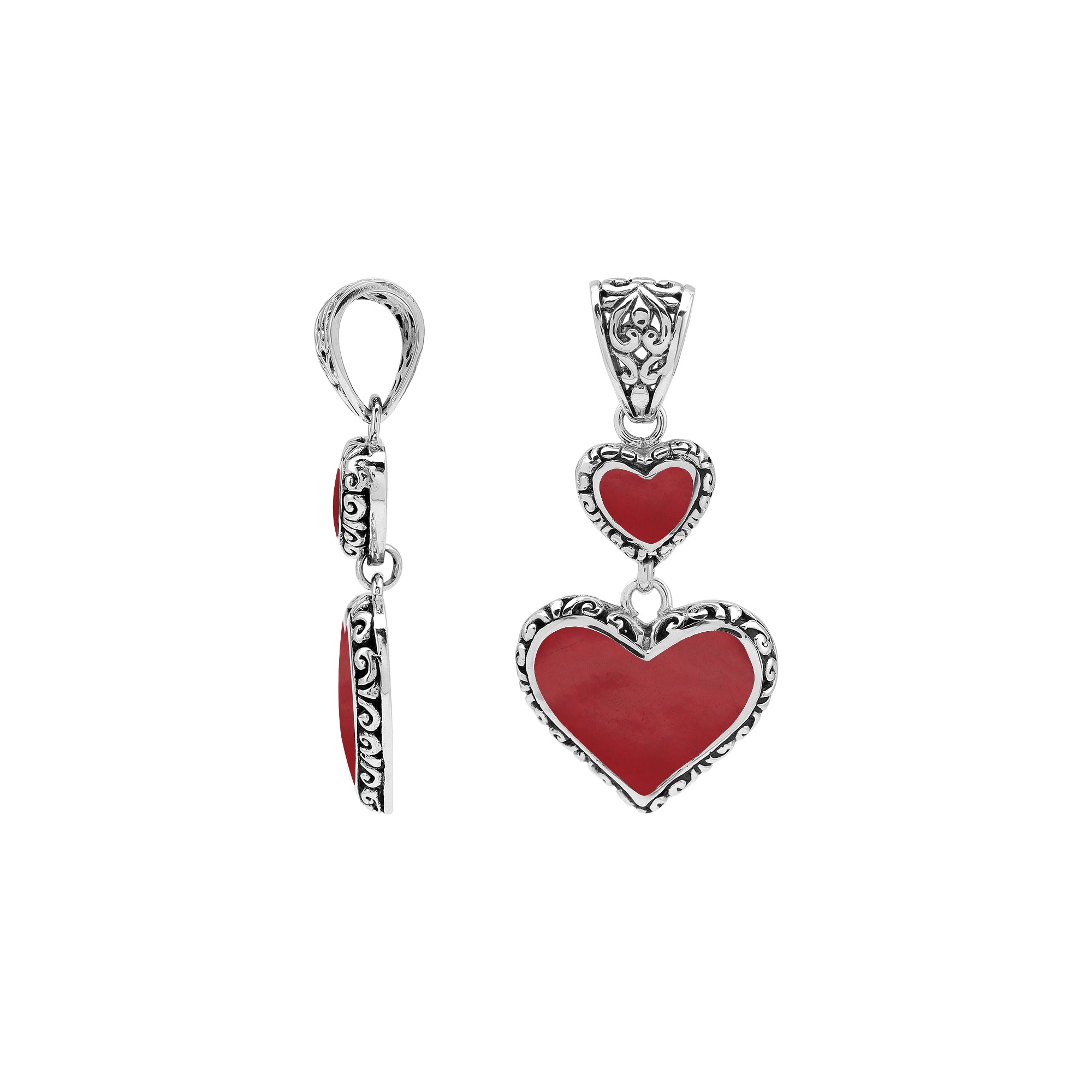 Sterling silver double heart pendant with Red Coral and Balinese patterns in polished finish.