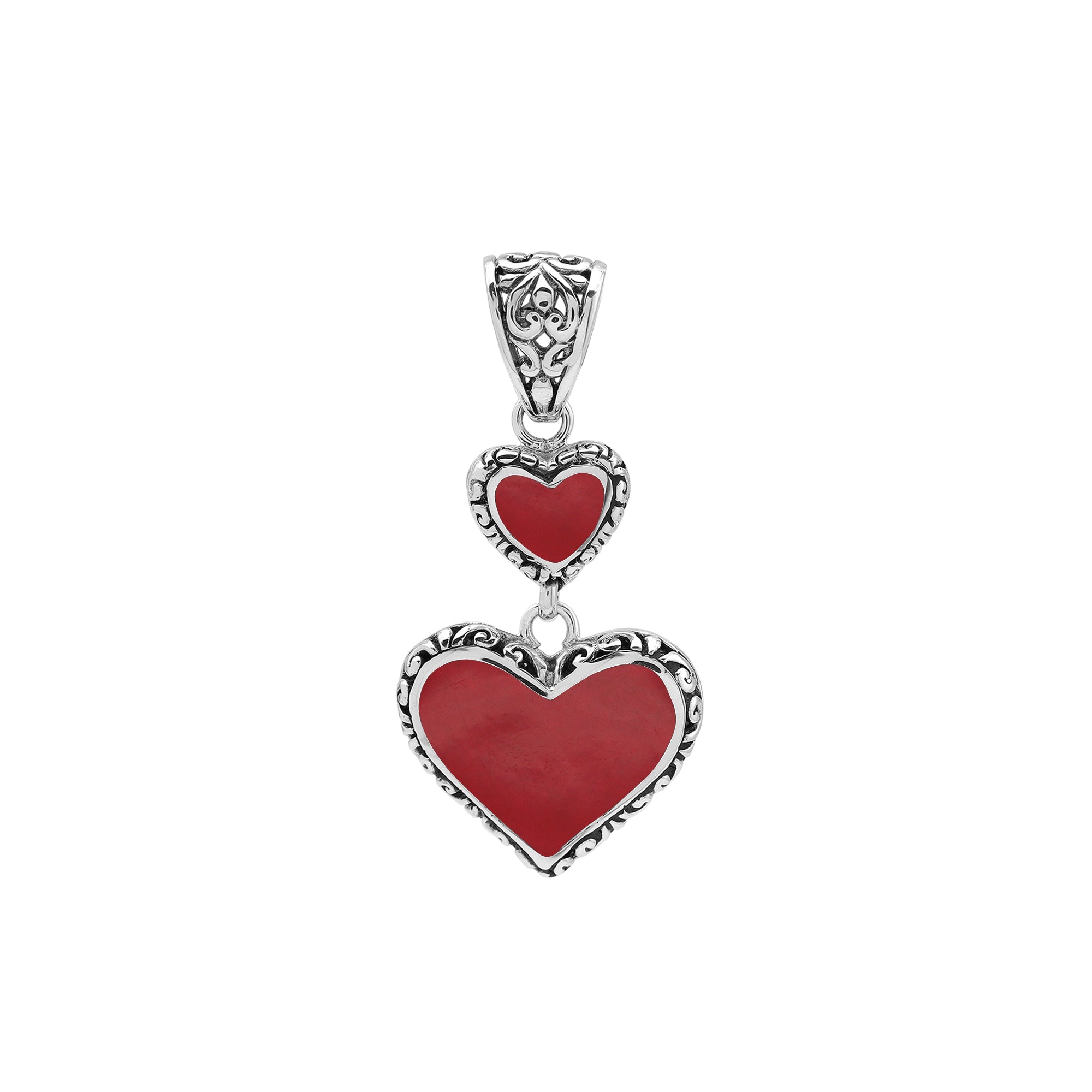Sterling silver double heart pendant with Red Coral and Balinese patterns in polished finish.