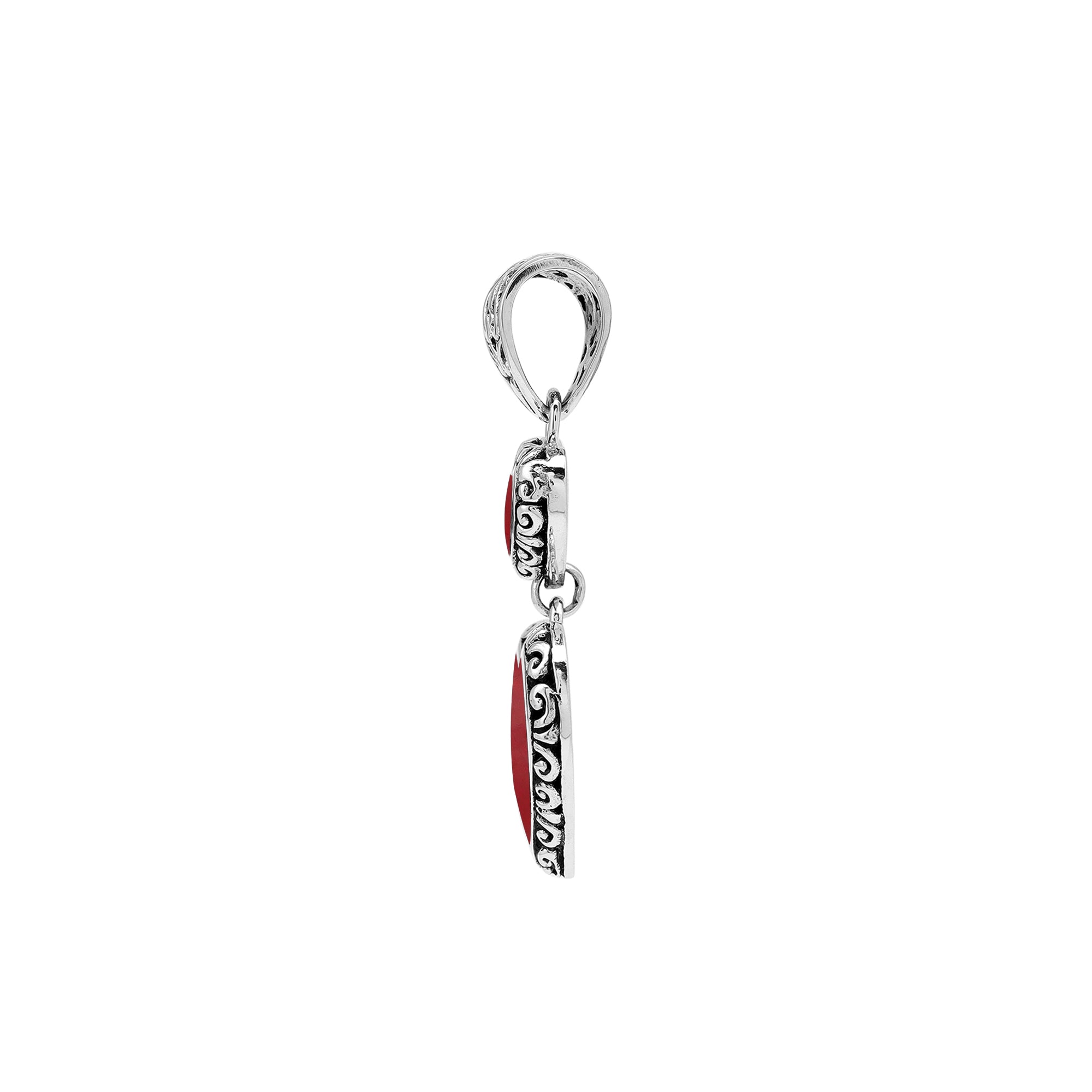 Sterling silver double heart pendant with Red Coral and Balinese patterns in polished finish.