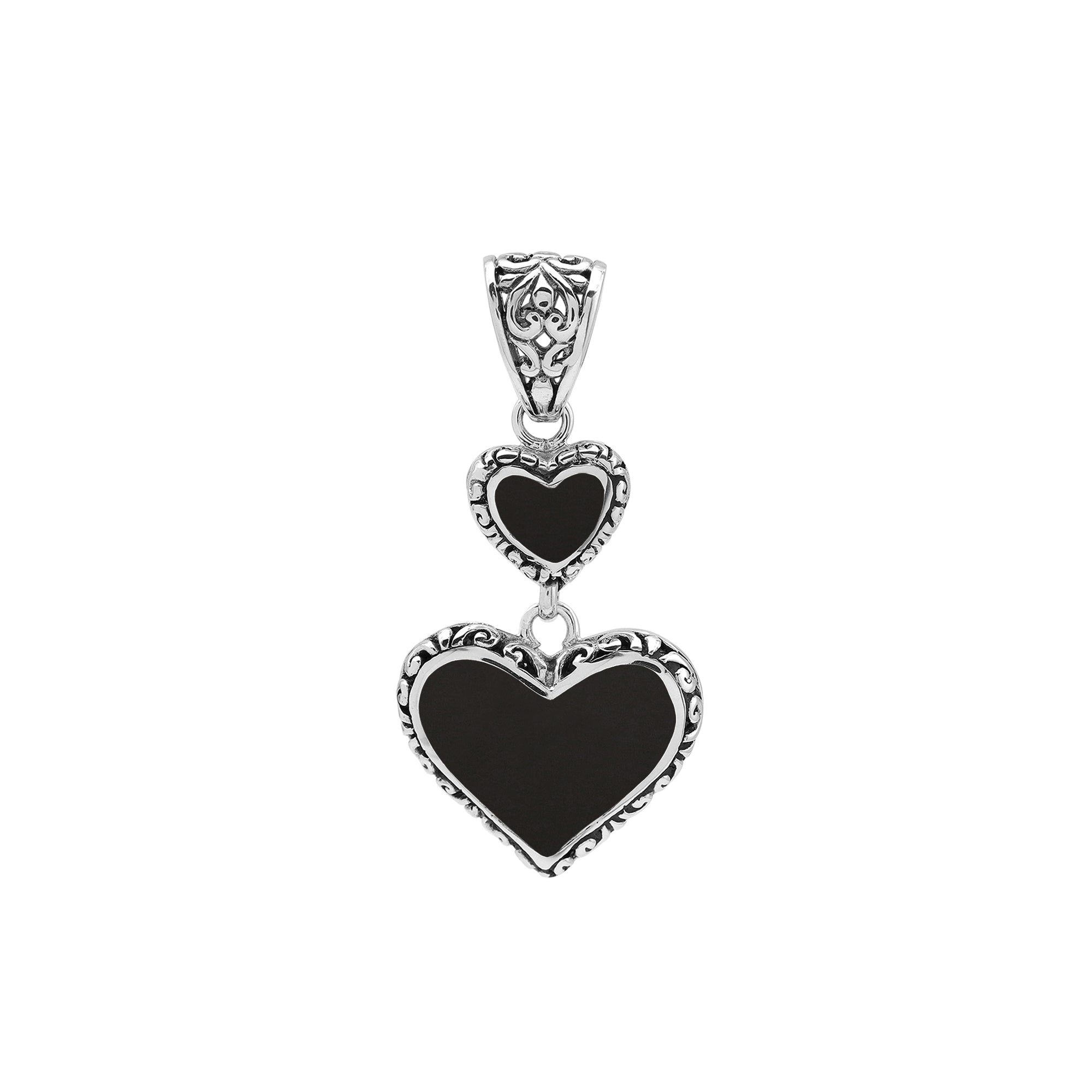 Sterling silver double heart pendant with Black Shell and Balinese detailing in polished finish.