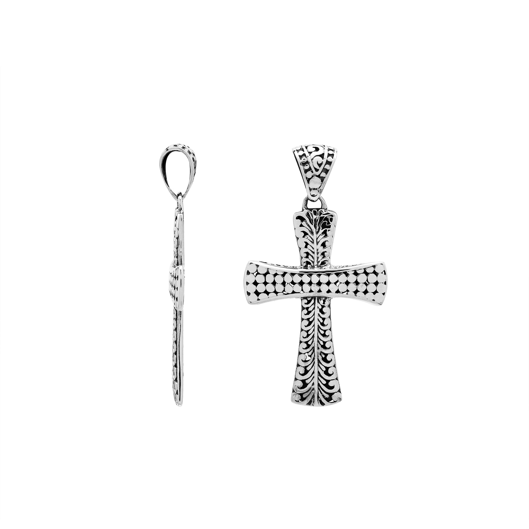 Sterling silver engraved cross pendant with Balinese detailing in polished finish.