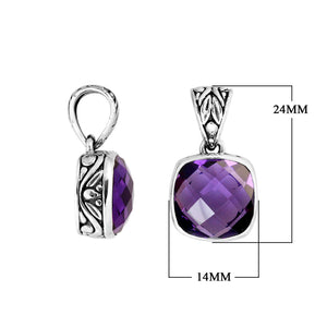 Sterling silver faceted Amethyst Quartz cushion pendant with Balinese enhancer bail.