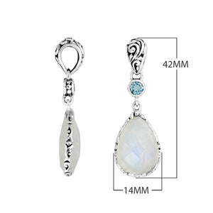 Sterling silver Blue Topaz Quartz and Rainbow Moonstone teardrop pendant.