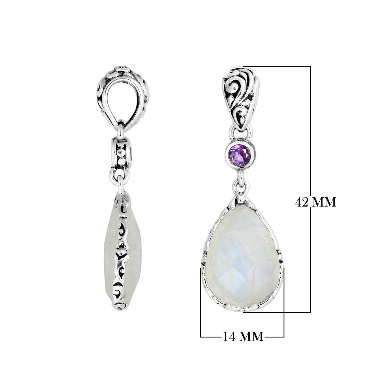 Sterling silver Rainbow Moonstone and Amethyst Quartz teardrop pendant.