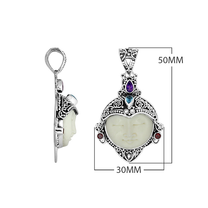 Sterling silver Bone Face pendant with multi-colored quartz accents.