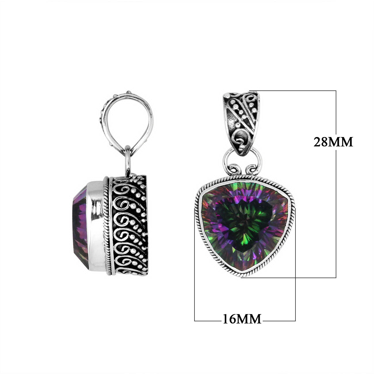 Sterling silver Mystic Quartz trillion pendant with detailed Balinese frame.