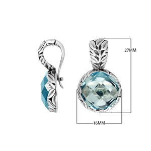 Sterling Silver Pendant With Round Faceted Blue Topaz Quartz And Engraved Frame