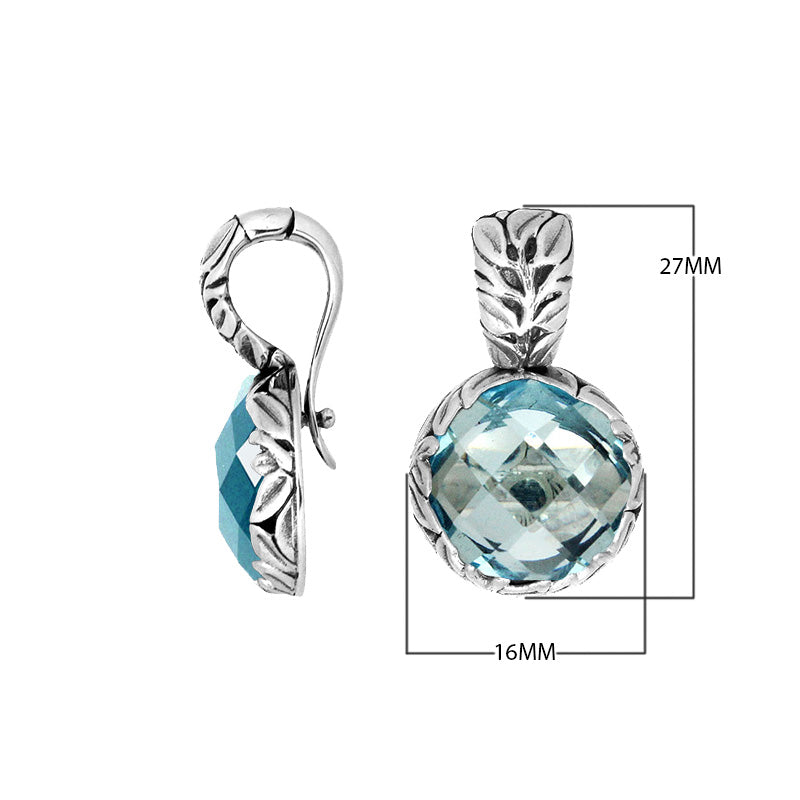 Sterling Silver Pendant With Round Faceted Blue Topaz Quartz And Engraved Frame