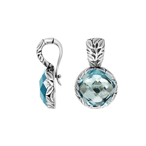 Sterling Silver Earrings With Round Faceted Blue Topaz Quartz And Engraved Frame