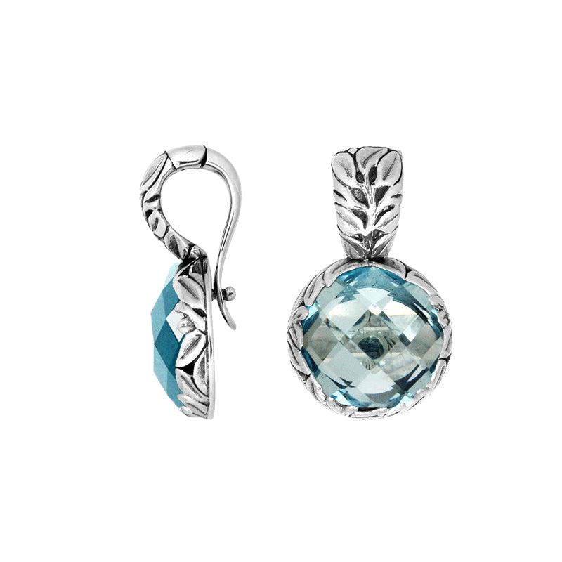 Sterling Silver Earrings With Round Faceted Blue Topaz Quartz And Engraved Frame