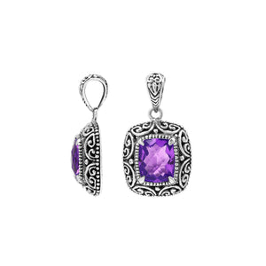 Sterling silver cushion pendant featuring a faceted Amethyst Quartz centerpiece surrounded by ornate Balinese scroll carvings and a polished classic frame.