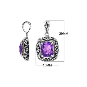 Sterling silver cushion pendant featuring a faceted Amethyst Quartz centerpiece surrounded by ornate Balinese scroll carvings and a polished classic frame.