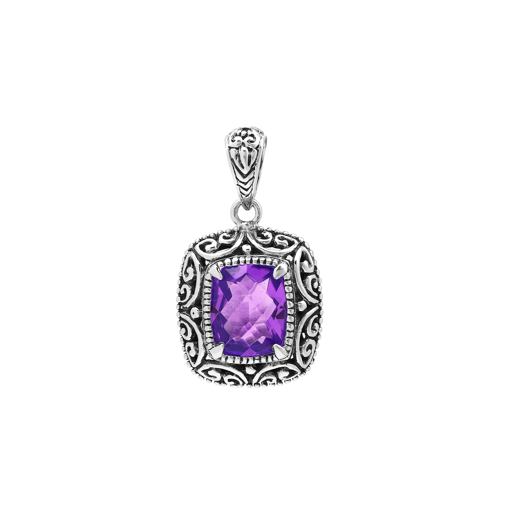 Sterling silver cushion pendant featuring a faceted Amethyst Quartz centerpiece surrounded by ornate Balinese scroll carvings and a polished classic frame.