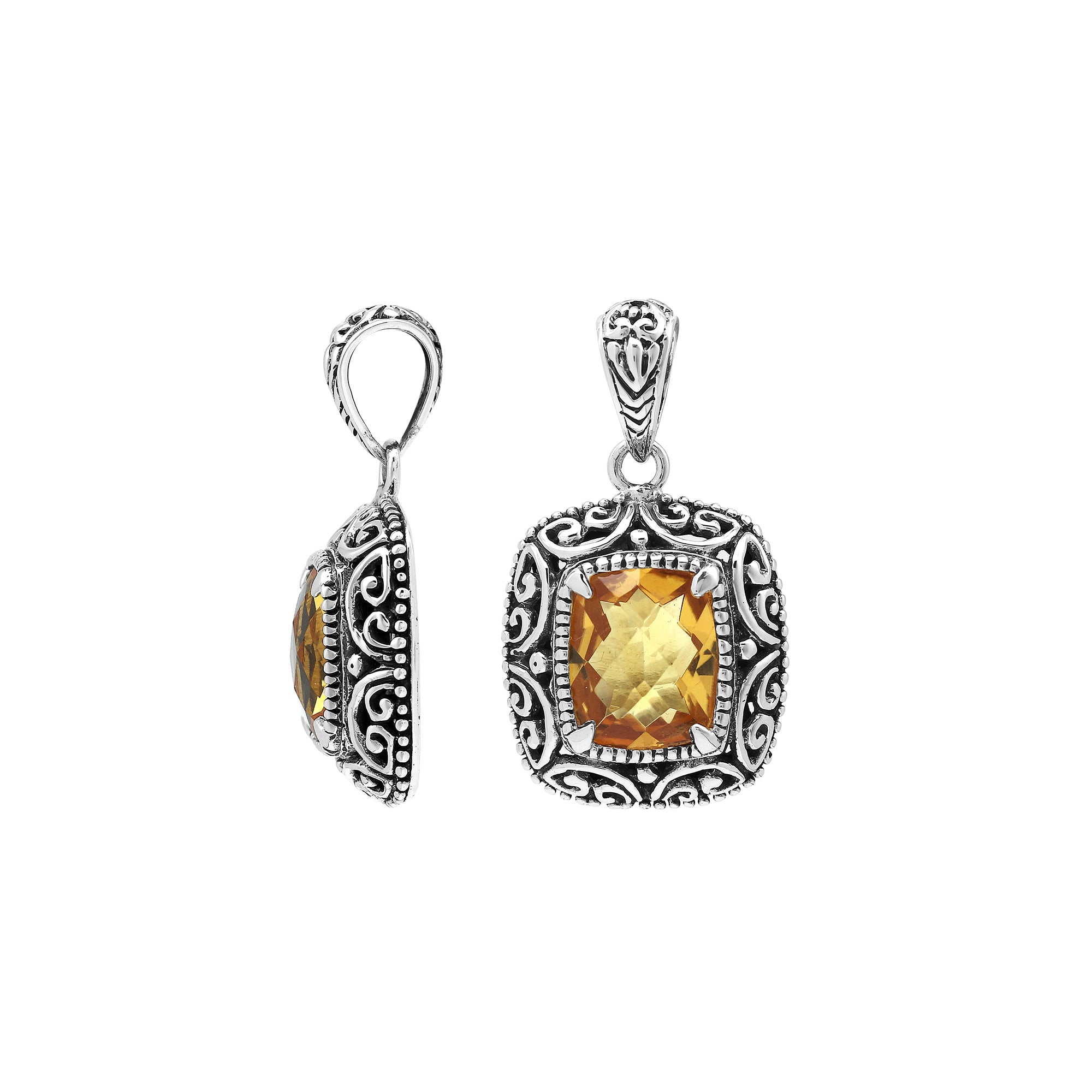 Sterling silver cushion pendant featuring a faceted Citrine Quartz centerpiece accented with intricate Balinese scroll carvings and a polished decorative frame.